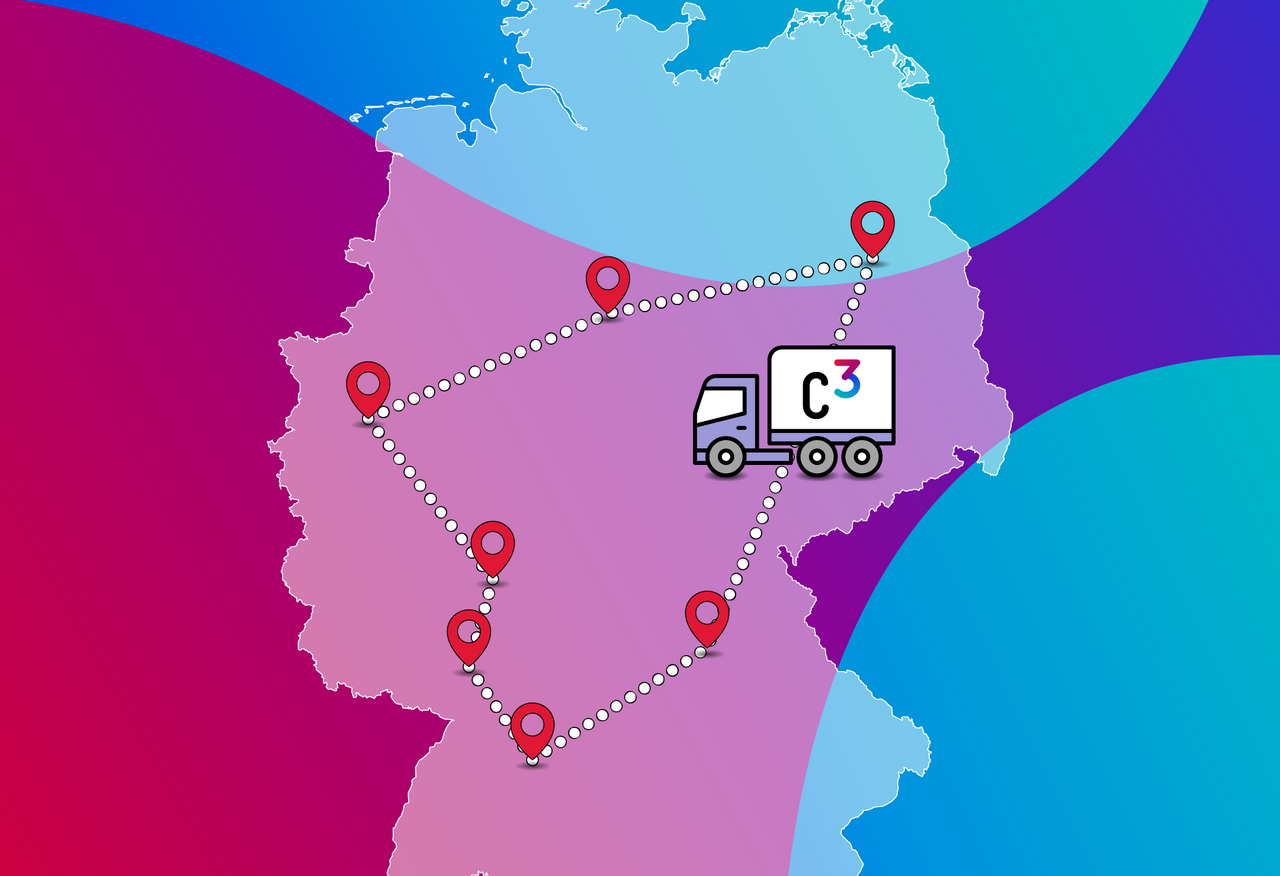 Deutschlandkarte mit Strecke der Chemie3 Roadhshow; Icon LKW